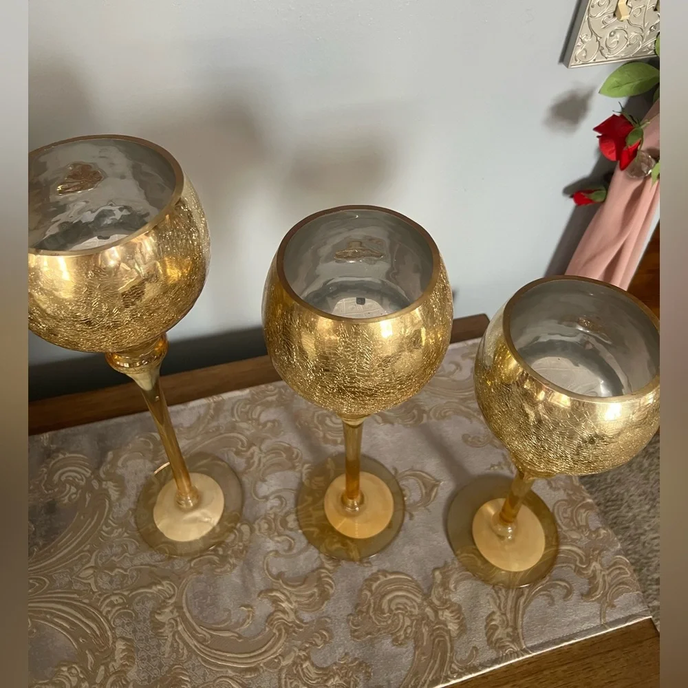 Set of 3 Crackle Gold Glass Tealight Holders